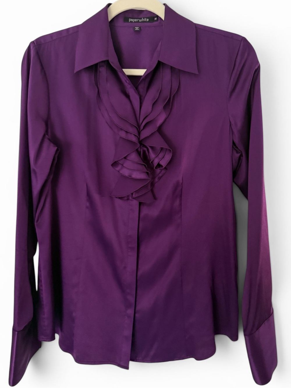 Paperwhite Hinson Wu Purple Stretch Silk Ruffle Placket Blouse Size 6 Like New